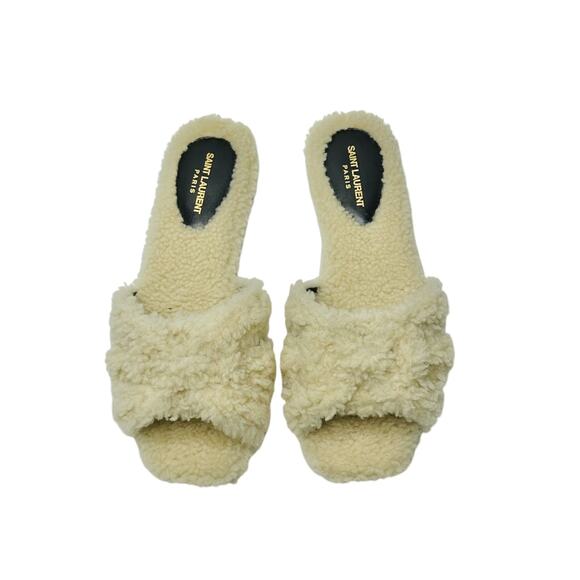 NIB Saint Laurent YSL Tribute 36.5 US 6.5 Slip On Flat Sandals Beige Shearling - Picture 2 of 8